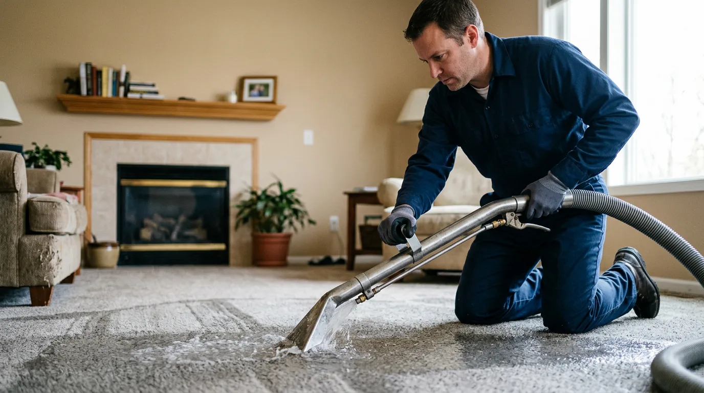 Water damage restoration technician working in a home in Minnesota